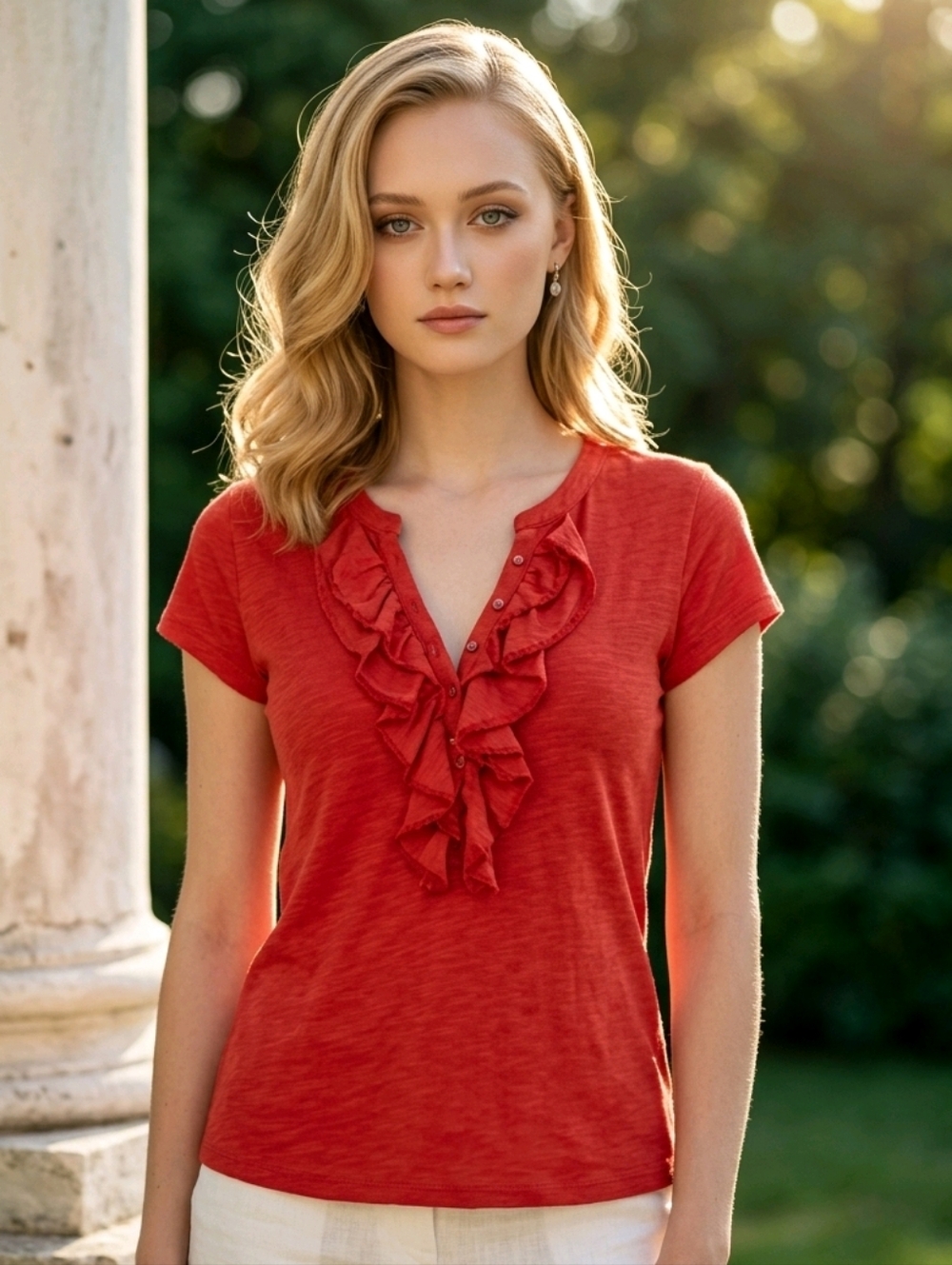 Lauren Ralph Lauren Ruffle V-Neck Tee Coral Pink Short Sleeve Top XS